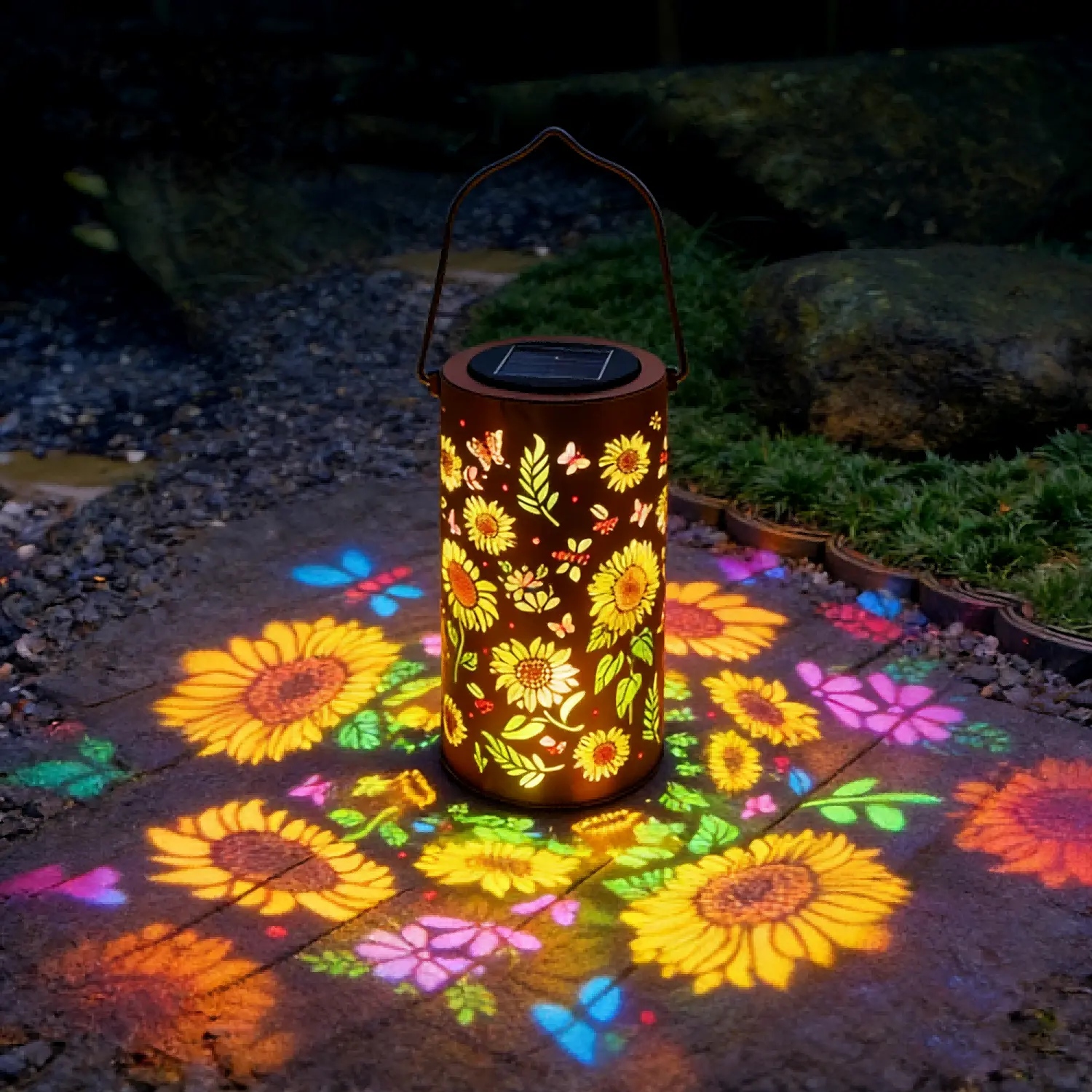 Painted Sunflower-Butterfly Outdoor Solar LED Lantern - Metal Body IP65 Waterproof Patio Lights Outdoor, Solar Landscape Lamp, Whimsical Garden Decorative Lamps for Garden, Deck