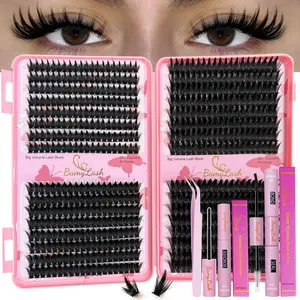 DIY Eyelash Extension Kit 640pcs Mixed Lengths 13-19mm Manga Wet 60P Spike Volume Lash Clusters Natural Look D Curl Fluffy False Eyelashes Includes Bond & Seal Remover Tweezers Reusable for Women Makeup Cosmetic
