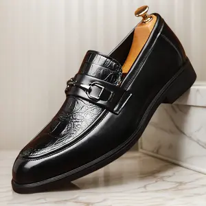 Men's Black Croc-Embossed Buckle Strap Loafers, Formal Slip-On Leather Shoes86392