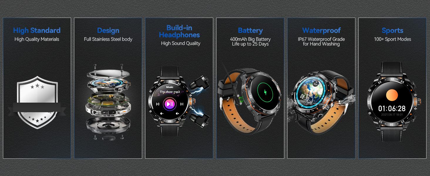 Smart Watch with Earbuds for Men, 2 in 1 Wireless Call Smart Watch, IP67 Waterproof Multifunctional Watch with 100+ Sports Modes, Massive Dials & Practical Functions, Notification Sync, Compatible with iOS Android, Gifts for Men Dad Husband