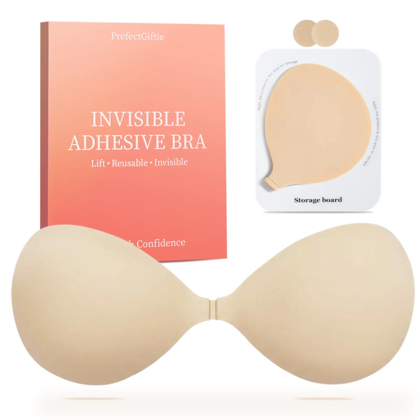 Invisible Strapless Sticky Bra for Women, Push Up Adhesive Bra for Backless Dress, Seamless Nipple Covers, Nude