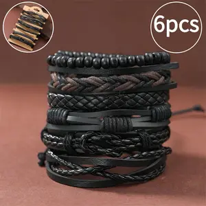6Pcs Black Men's Handmade PU Leather Bracelets - Punk Street Style Black Minimalist Twist Design, Durable & Versatile, Suitable for Daily & Formal Wear, Fashion Accessories, Exquisite Craftsmanship, Trendy Bangles, Unisex Style, Gift for Streetwear