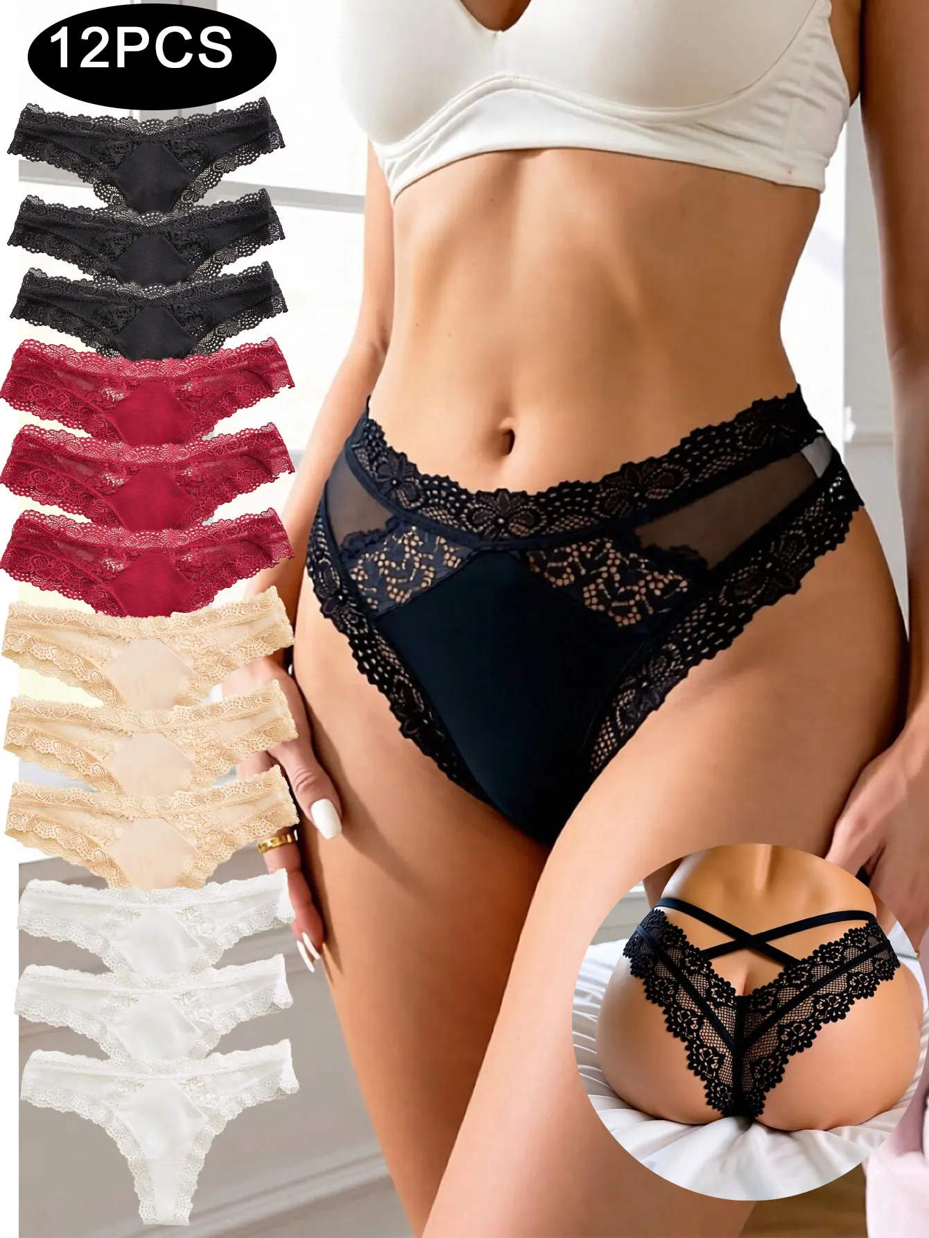 Women's 12-Pack Sheer Floral Lace Panties - Low-Rise Hipster Briefs with Breathable Cotton Crotch, Soft Stretch Multi-Color Daily Wear Lady Lingerie for Sexy Romance, Machine Washable, Standard Size