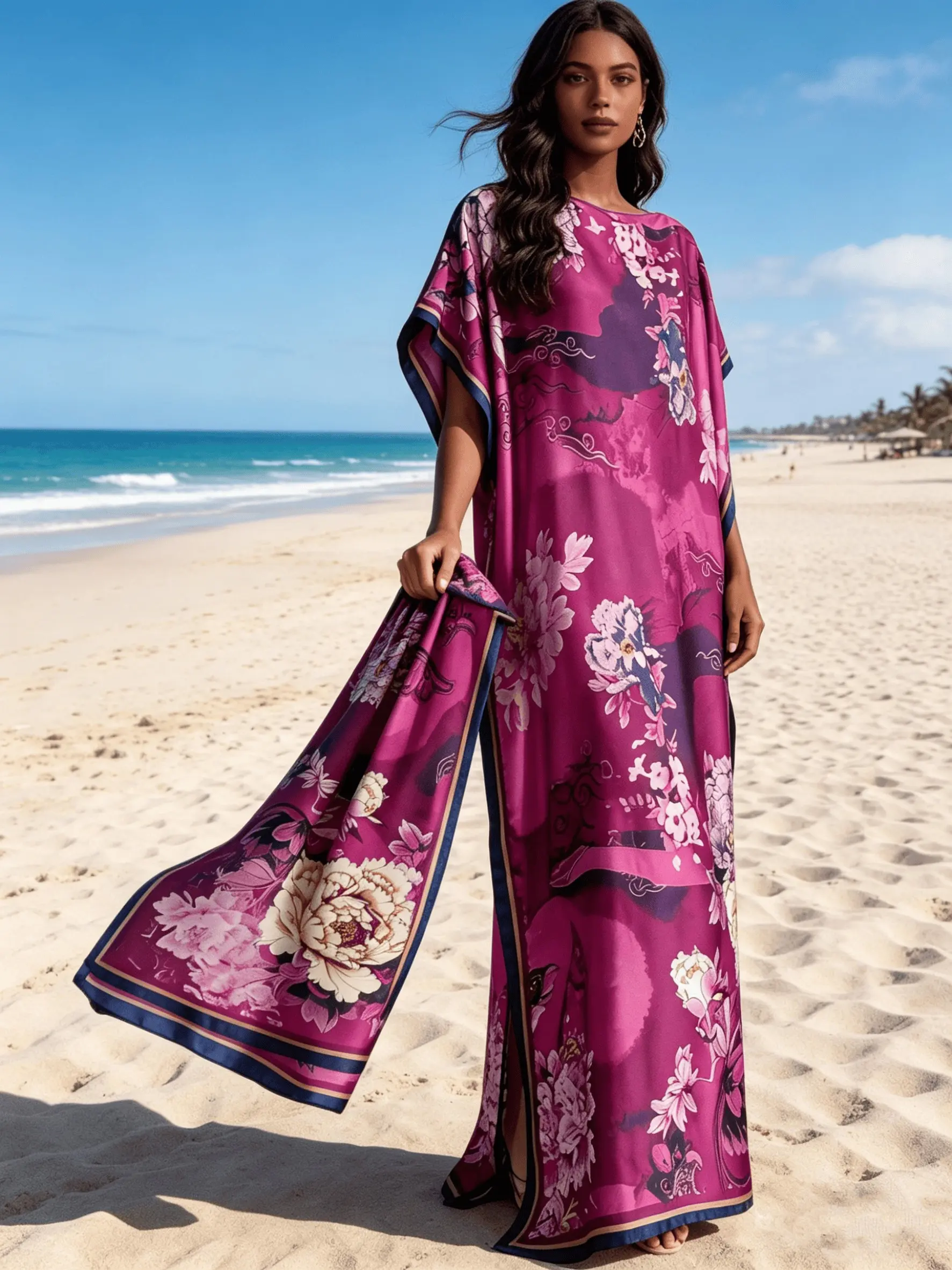 1dress+1scarf Magenta Pink Floral Print Satin Kaftan Dress for Women, Plus Size Muslim Abaya with Matching Scarf, Loose Batwing Sleeve Maxi Caftan, Modest Beach Cover Up, Beach Kaftans, Dubai Style Islamic Robe for Vacation, Eid & Casual Loungewear