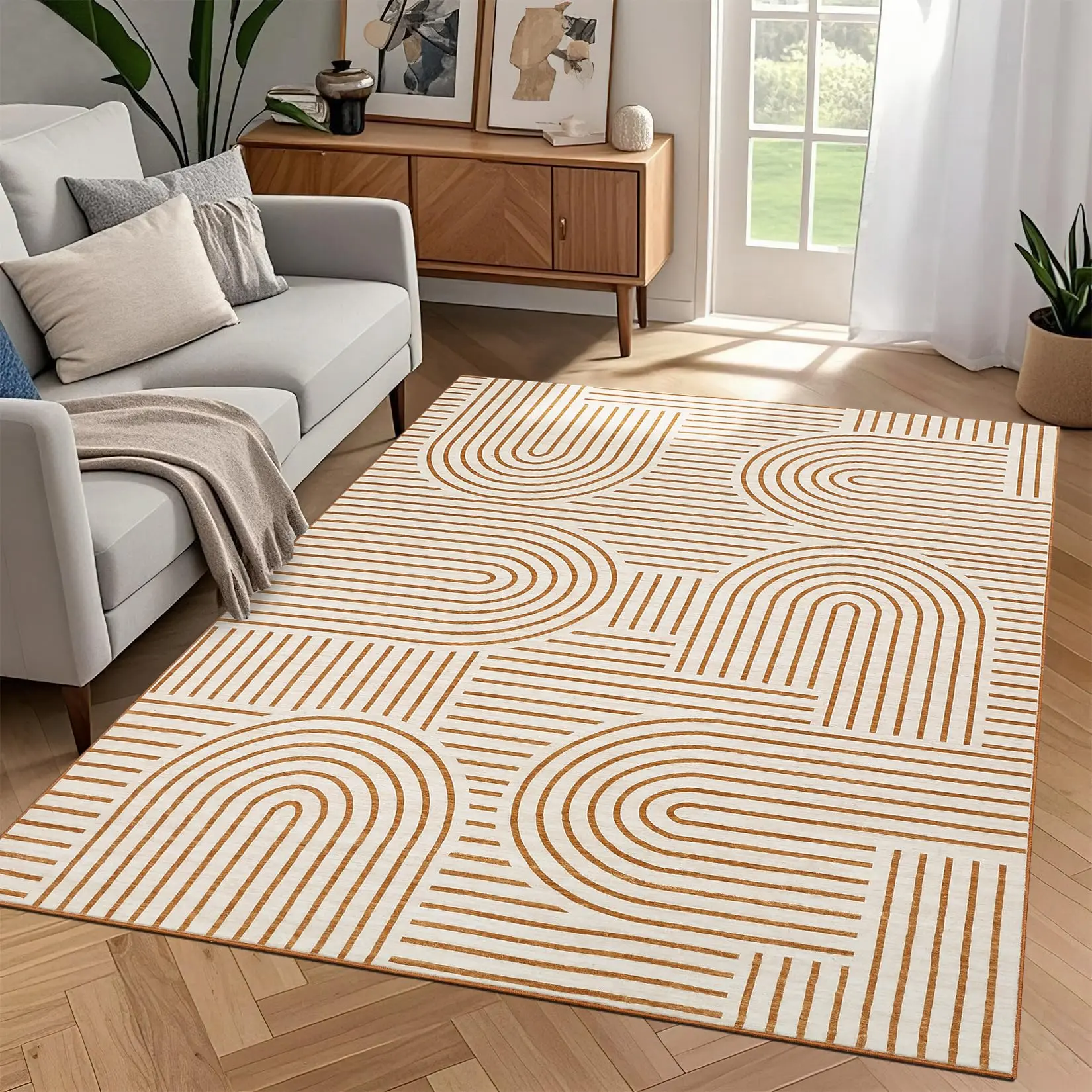 Garvee Washable Rugs Modern Rainbow Orange Rugs for Bedroom Low Pile Geometric Abstract Line Rug Soft Nursery Floor Carpet Stain Resistant Foldable Neutral Area Rug for Apart Dorm