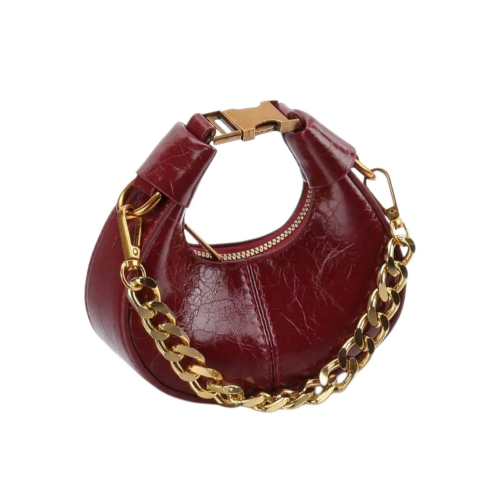 Women's Wine Red Crescent Shaped Crossbody Bag, Mini Clutch Purse with Metal Chain, Vintage Elegant Shoulder Bag, Micro Evening Bag, Party Bag