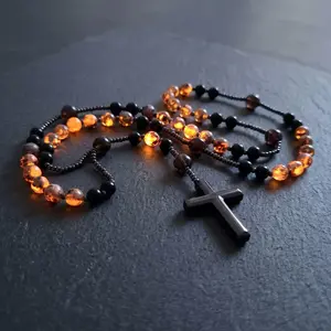 Natural Obsidian Yooperlite Rosary Necklace UV Reactive Protection Necklace Hematite Stone Cross Pendant Necklace Gift for her, gift for him Viral