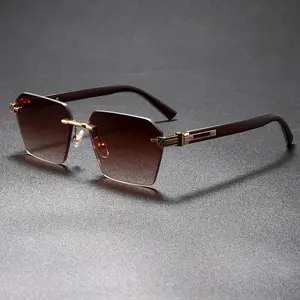 Unisex Rimless Square Sunglasses Gold-Brown Metal Accents Gradient Brown UV400 Lenses Tortoiseshell Polarized for Men & Women