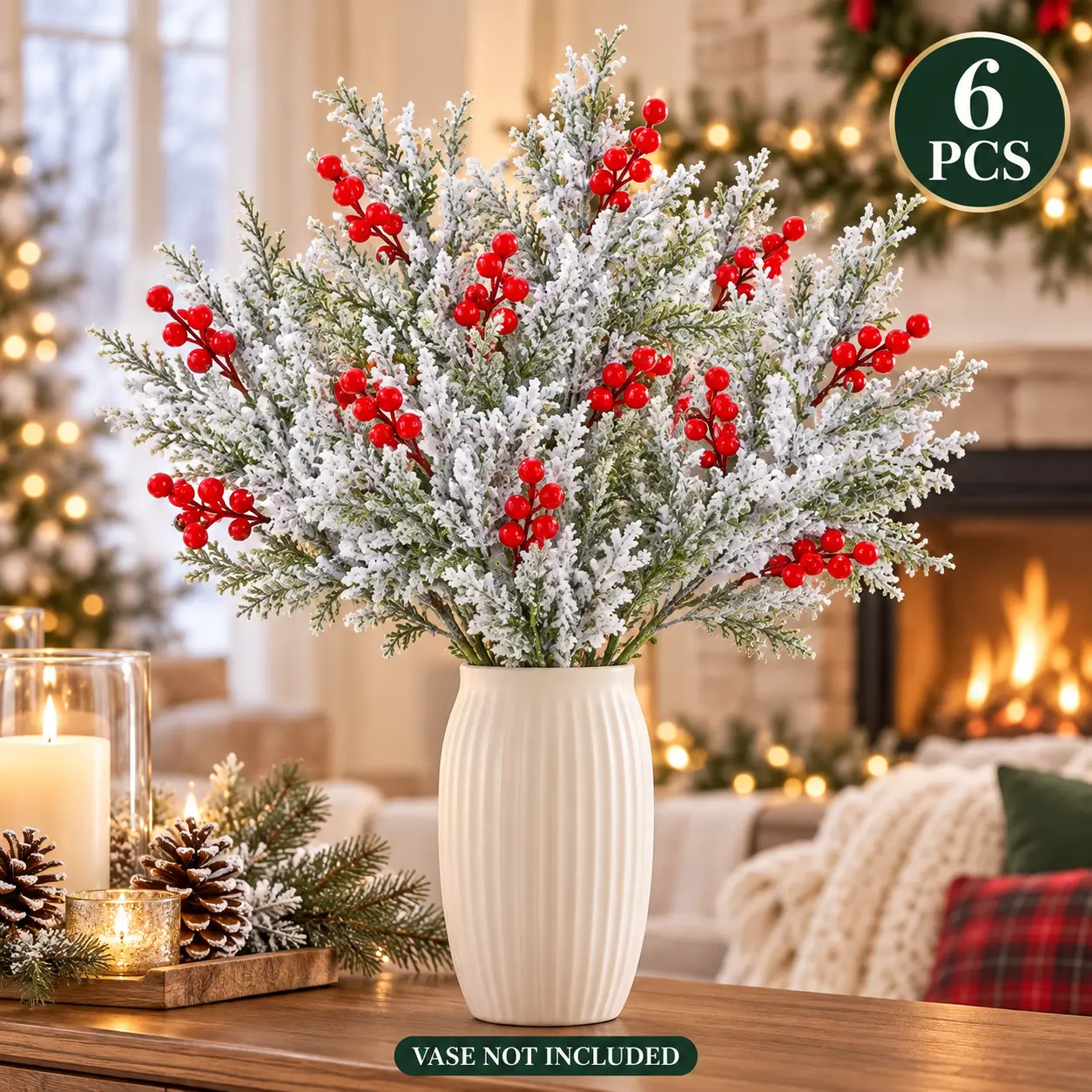Artificial Frosted Christmas Pine-Cedar Stems with Red Berries, Snowy Evergreen Picks for Holiday Vase Decor,techvibes