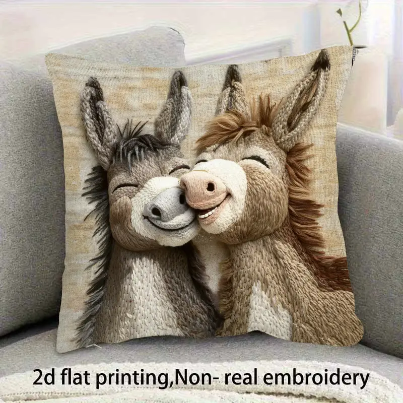 2PCS Cute Donkey Couple Cushion Covers - Soft Linen Blend, Animal Theme Rustic Home Goods, Cushion Slipcovers, Cloth Couch Covers, 45x45cm No Insert, Gift for Animal Lovers