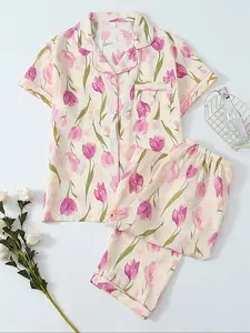 Women's All Over Floral Print Short Sleeve Pajama Set, Casual Comfy Button Front Chest Pocket Design Lapel Neck Top & Elastic Waist Trousers PJ Set, Ladies Sleepwear, Loungewear Pjs, floral pajama sets, Pyjamas