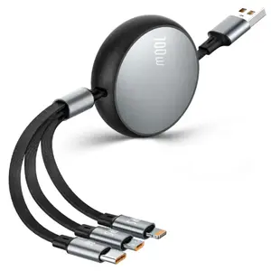 3 In 1 Retractable 6A 100W Super Fast Charging USB Cable, USB To iOS/Type C/Micro Fast Charger Cable, Charging Cable Compatible with iPhone 14 13 12 Pro Max Huawei