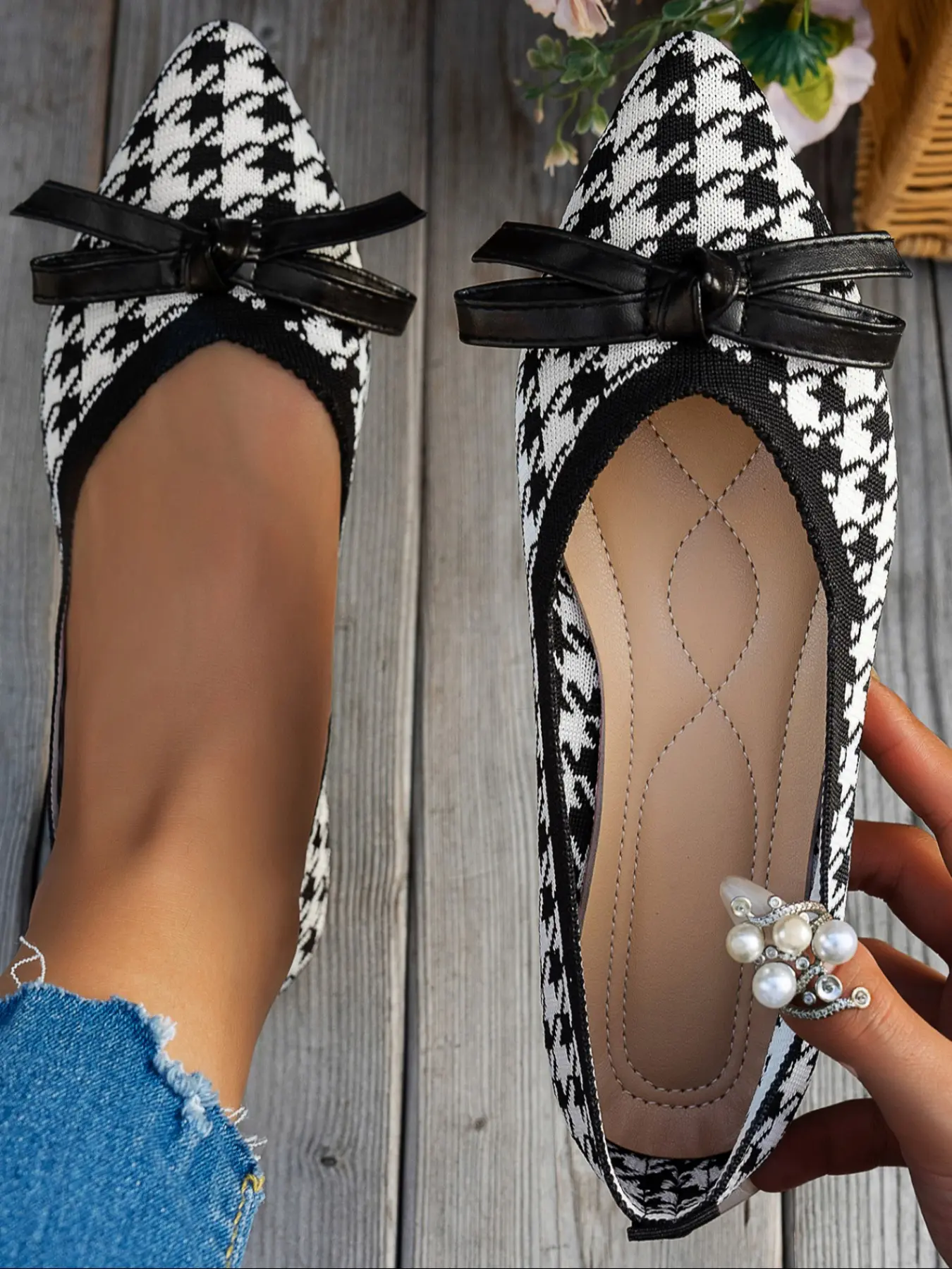 Women's New Pointed Toe Scandinavian Ballet Flat Shoes, Fashion Classic Design, Geometric Pattern, Bow Decor, Bow Accent, Breathable Mesh, Slip-On, Pointed Toe Flats, Casual Wear, All Seasons