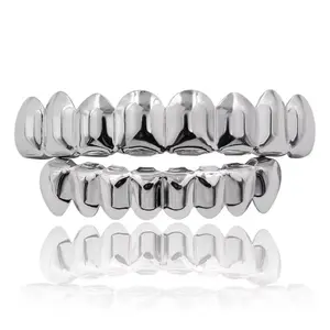 Silver Plated Hiphop Teeth Grillz Top Bottom Set with Vampire Tooth Design for Party Streetwear Cool Dental Accessory