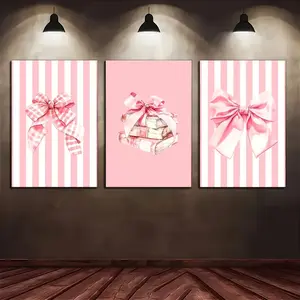 3 pieces Set of pink bow and stripe, decorative art, classic, modern style, fashionable theme poster, Unframed Wall Art, suitable for home office, living room, bedroom, kitchen decoration 2D flat frameless painting
