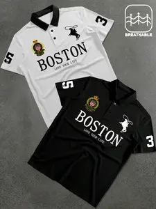 Men's Letter & Number Print Polo Shirt, Fitted Casual Collared, Regular Fit Casual Short Sleeve Top for Daily Outdoor Wear, Fashion Men's Clothes for All Seasons