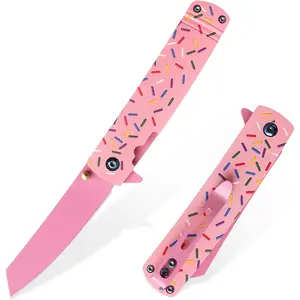 Pink Pocket Knife G10 Handle Donut Fruit Knifes 7.1-Inch Stainless Steel Donut Knife Outdoor Camping Knife Cute With Pocket Clip (Pink)