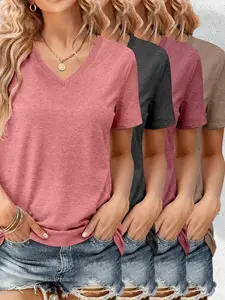 Women's V Neck Short Sleeve T-Shirt 4 Piece Set, Casual Fitted Top, Solid Color, All Seasons, Unlined, No Collar, No Button