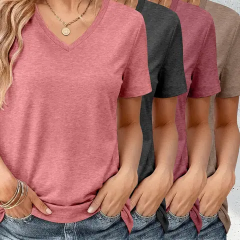 Women's V-Neck Short Sleeve T-Shirt 4-Piece Set, Casual Fitted Unlined No-Collar No-Button Solid Color Top, Casual Trendy Tee, Suitable for All Seasons