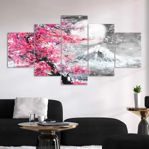 Cherry Blossoms & Moon & Fuji Mountain Pattern Abstract Design Canvas Painting, 5 Counts/set Modern Art Poster, Unframed Wall Art Decor for Home Living Room Bedroom Office, Ornaments