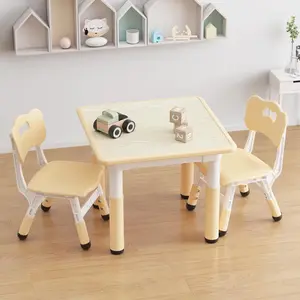 Kids Table and 2 Chairs Set, Height Adjustable Toddler Table and Chair Set, Graffiti Desktop, Children Multi-Activity Table for 2, Kids Study Table for Home Daycare Preschool for Ages 2-8,Beige