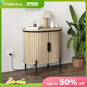 EBELLO Mid-Century Oak Tambour Fluted Side Table with Charging Station & Storage | End Table for Living Room & Bedroom & Small Spaces | Christmas Gift Modern Nightstand Pedestal Tabletop Mode