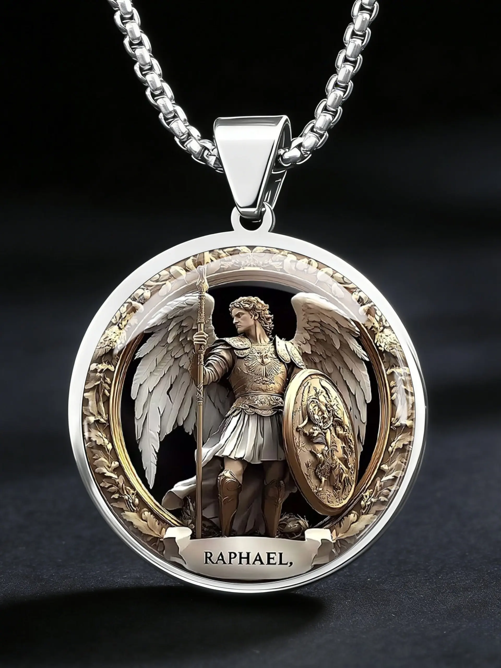 Saint Raphael Archangel Stainless Steel Men's Necklace, Angel Wings Necklace, Religious Faith Guardian Pendant, Rust-Resistant and Durable, Protective Jewelry, Divine Protection, Exquisite Jewelry Gift