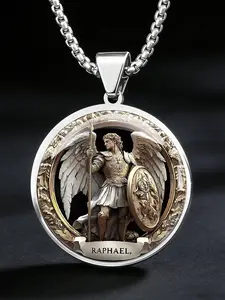 Saint Raphael Archangel Stainless Steel Men's Necklace, Religious Faith Guardian Pendant, Rust-Resistant and Durable, Protective Jewelry