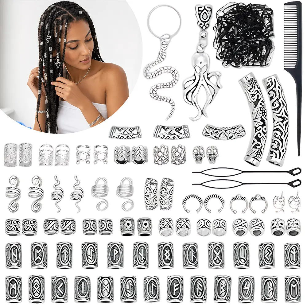 247Pcs Viking Hair Accessories Norse Runes Tube Beads Metal Cuffs Clips Rings, Dreadlock Beads Braids Locs Hair Jewelry Set for Women Men Beard Decoration Bracelets Necklace DIY Silver