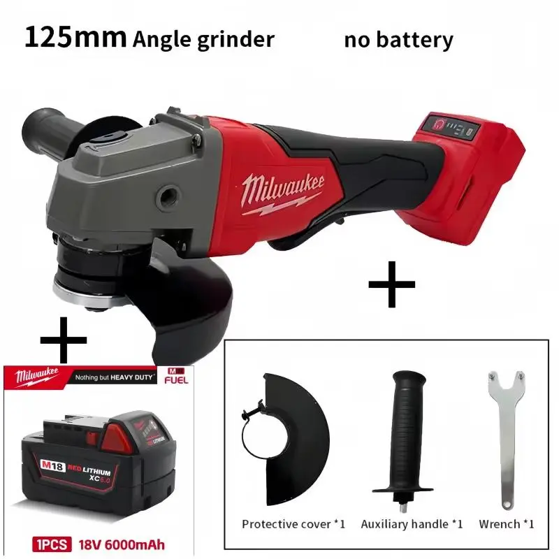Milwaukee 125mm Angle Grinder Bare Tool with 1 Battery, Handheld Grinding Tool with Handheld Grip, Vibration Control, Hard Case, 899-Piece Toolset for Metal Cutting, Surface Polishing, DIY Maintenance