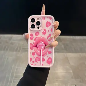 A High Bamboo Pink Lollipop Case with Red Lips And Leopard Print Design, Made of TPU Material, Providing Precise Hole Positions And Full Protection, Suitable for IPhone17 11 12 13 14 15 16 Pro Max Air Plus