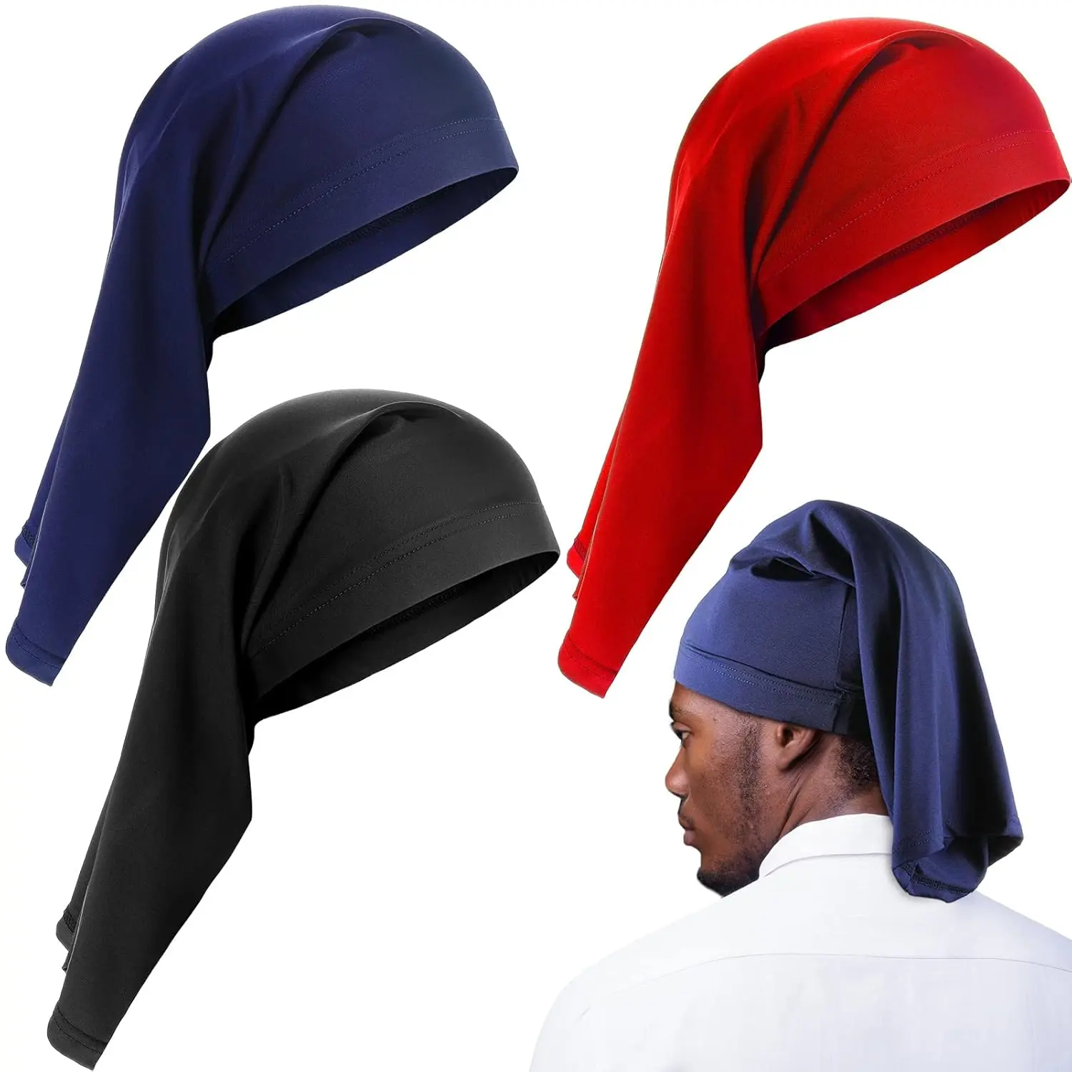 3 count Satin Lined Dread Loc Cap Long Braid Cap Elastic Dreadlock Tube Sock for Full Cover Hair Stocking Night Sleep Bonnet (Navy, Red, Black)