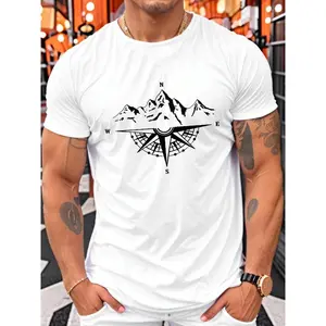 Men's Compass Print Round Neck Tee, Regular Fit Casual Short Sleeve Crew Neck T-Shirt for Summer, Fashion Men's Top for Outdoor Activities