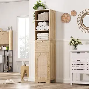 Vabches 67''H Bathroom Storage Cabinet with Rattan Doors and Slide storage, Tall narrow standing Tower Cabinet with Adjustable Shelves, Small Bathroom Floor Cabinet for Entryway, Kitchen, Natural