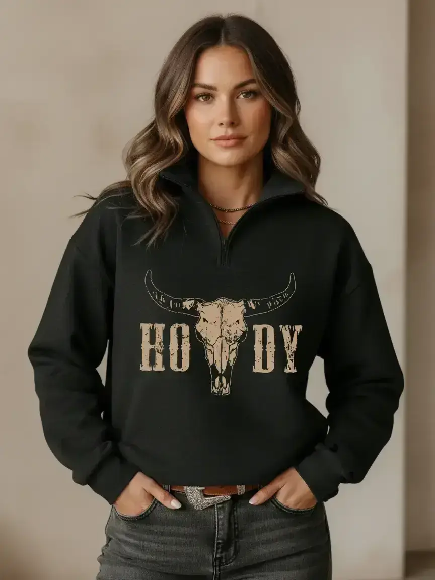 Women's Casual Style Loose-Fit Baggy Oversized Long Sleeve Half-Zip Pullover Sweatshirt, Western Cowboy Animal Print, Collared High Neck, Lightweight Comfortable, Perfect for Fall & Winter