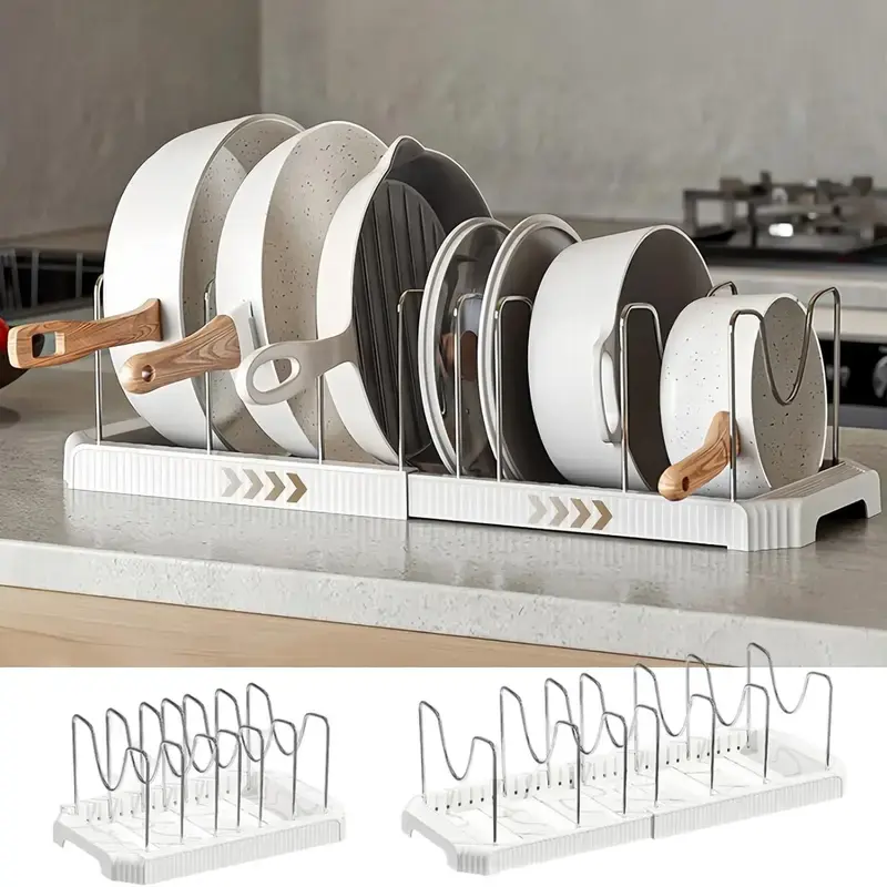 Pots and Pans Organizer Under Cabinet, Expandable Pot Lid Holder and Pan Organizer Rack for Cabinet Storage, Adjustable Cookware Organizer for Pots, Pans, Lids, Bakeware, Kitchen Cabinet Organization and Space Saving Storage Solution