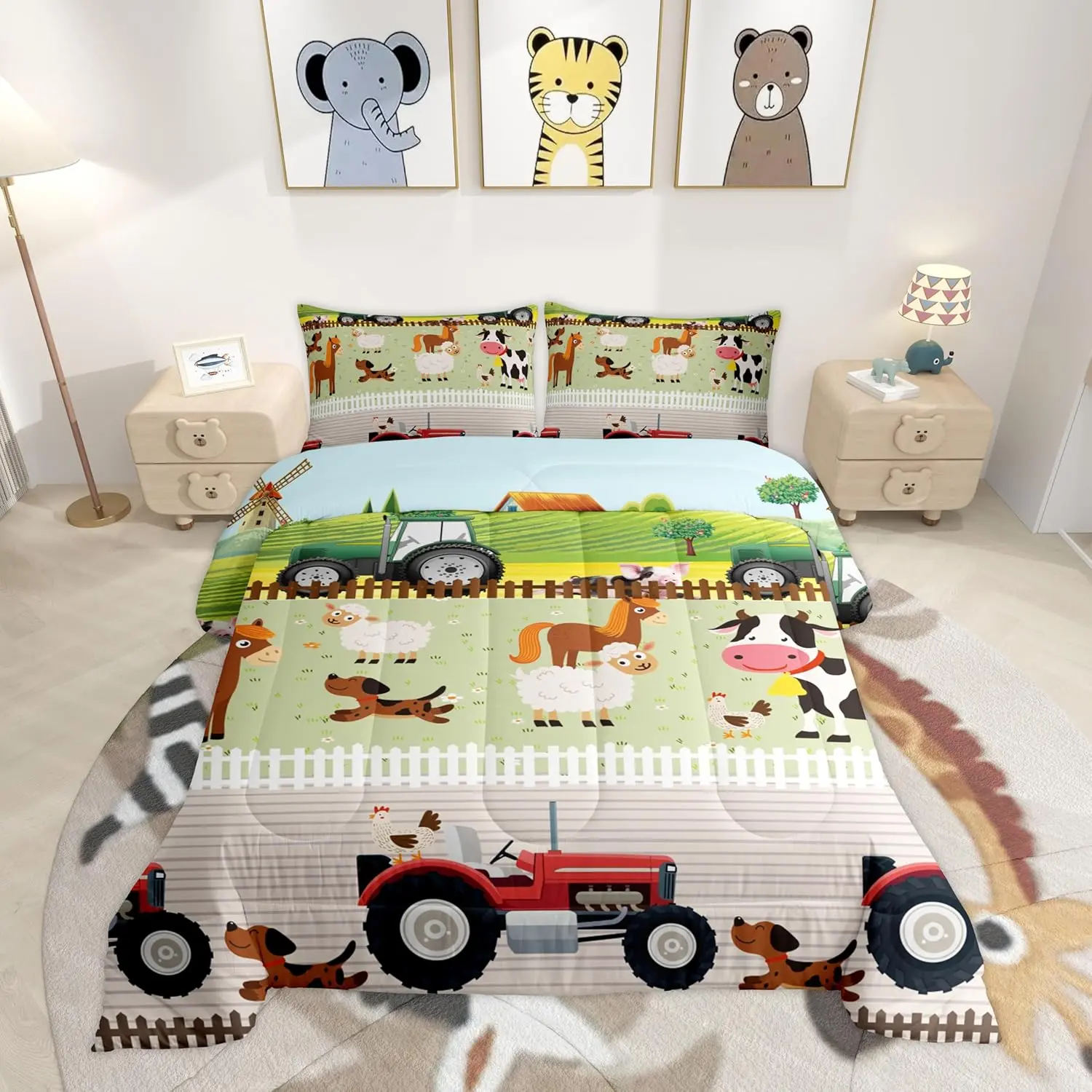 Feelyou Toddler Girl Twin Bedding Set - Cute Cartoon Farm Animals Comforter, Colorful Nature Theme Duvet, Blanket Gifts for Farmhouse Bedroom Decor