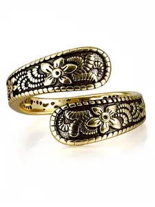 1pc Adjustable Gold Plated Pure Copper Flower Engraved Open Cuff Ring, Vintage Floral Embossed Spiral Wrap Ring, Bohemian Boho Ethnic Style Jewelry, for Women, Daily Wear, Festival, Stacking, Viral TikTok Statement Ring