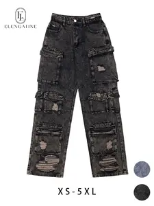 Elengatine  FallFreshness 13 Pockets Casual Chic High Waisted Loose Fit Straight Leg Cargo Jeans Women Vintage - inspired Distressed Denim Cargo Pants for Women, Multiple Utility Pockets, Loose Wide - Leg Style Trouser Womenswear