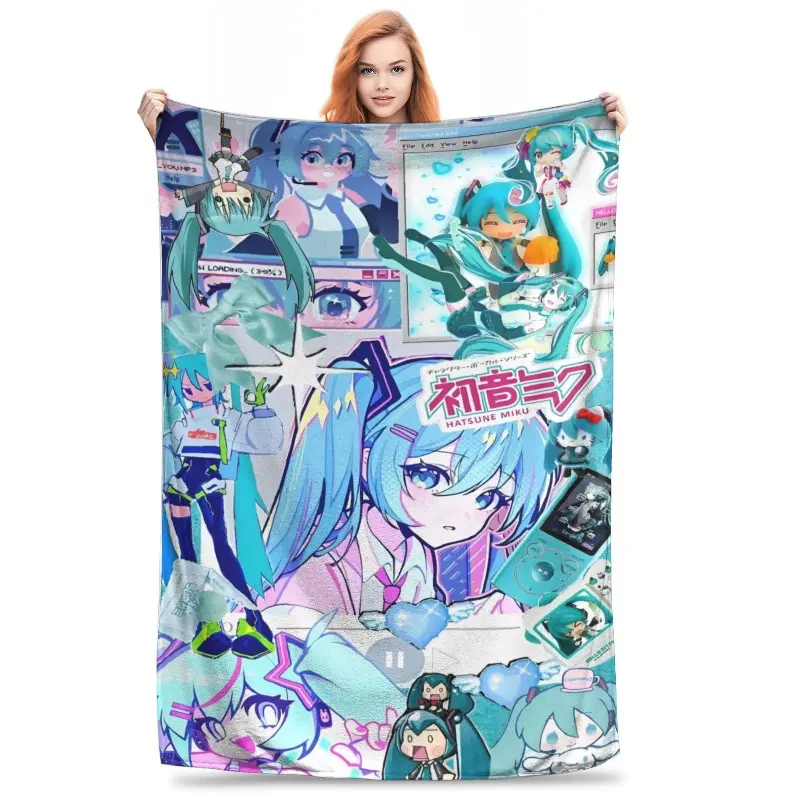Hatsune Miku Music Anime Throw Blanket, Premium Flannel Fleece, Lightweight Soft Warm Throw, Cozy Fluffy Blanket for Bedroom, Throw Blankets