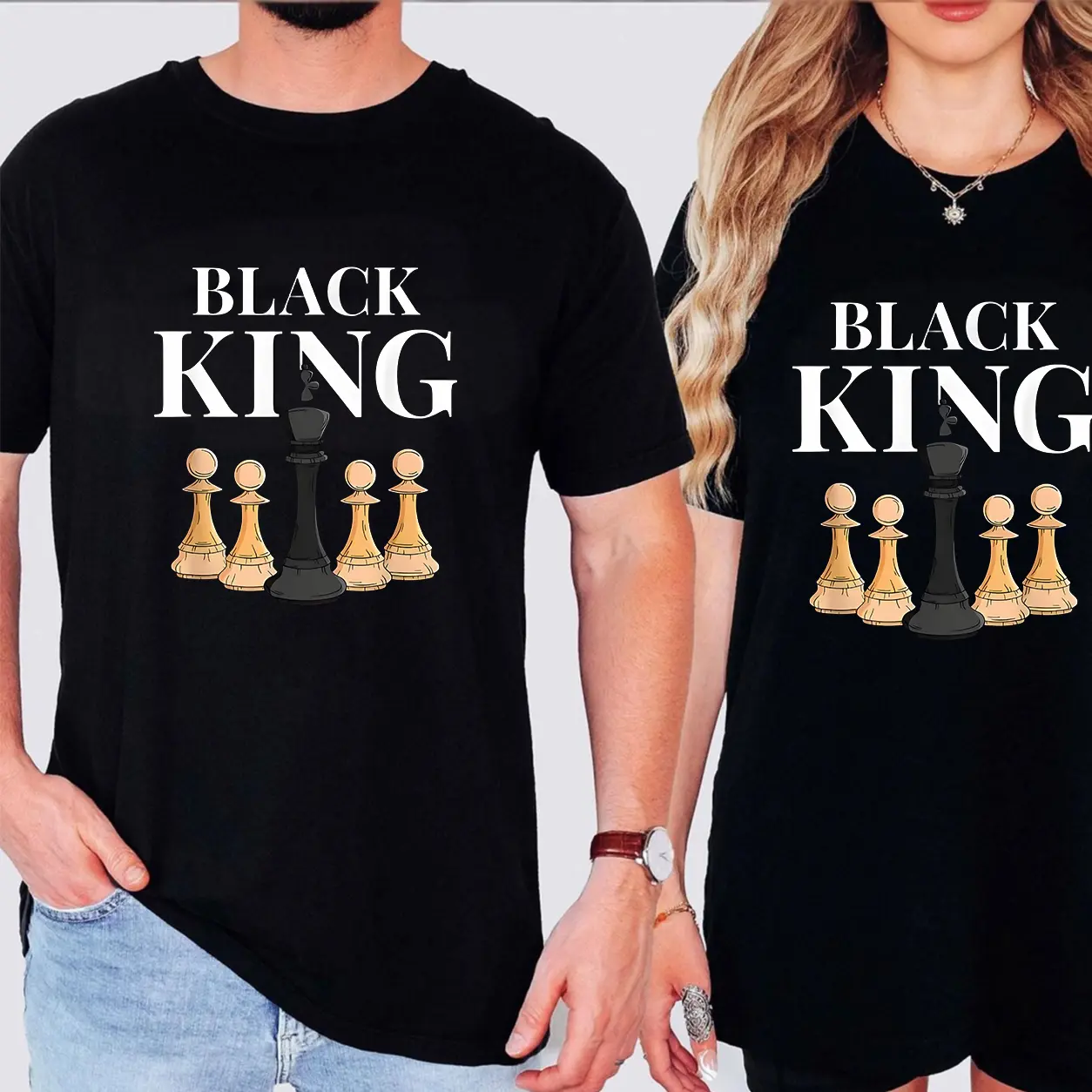 Unisex Pure Cotton T-shirt Men Chess Black King Print Casual Universal Couple Short Sleeve Tee
