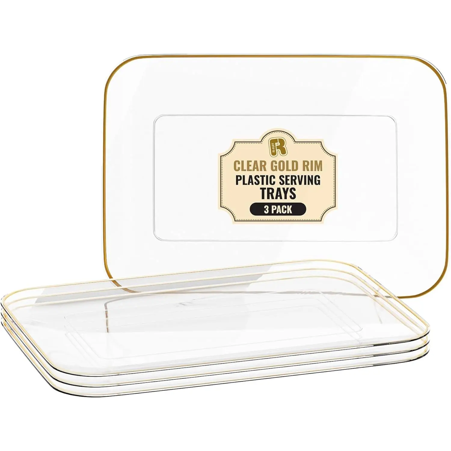 3 Pack 8 x 11 Inch Plastic Heavy Duty Rectangular Gold Clear Serving Trays Dessert Cookie Platters for Party Entertaining