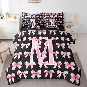 Pink and Black Initial M Kids 7 Piece Bedding Set for Girls,Coquette Bow Comforter Set with Sheets, Princess Aesthetic Bed Sets
