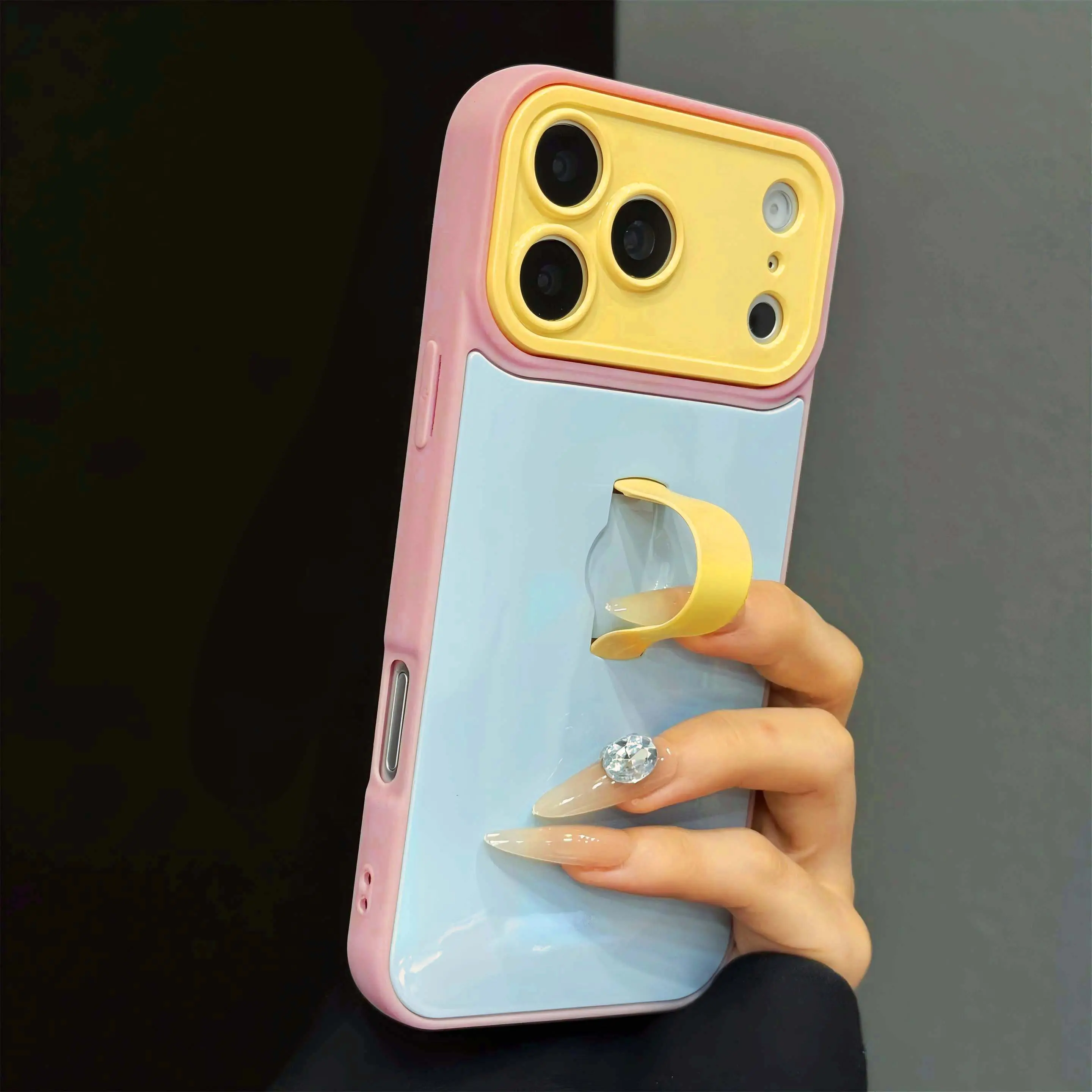Color Blocking Dopamine Plastic Smartphone Case with Adjustable Finger Strap Kickstand, Slim Full Camera Protection Shockproof Shell for iPhone 17 Pro Max, 16, 15, 14, 13 Mobile Phone Accessories HL, Aesthetic