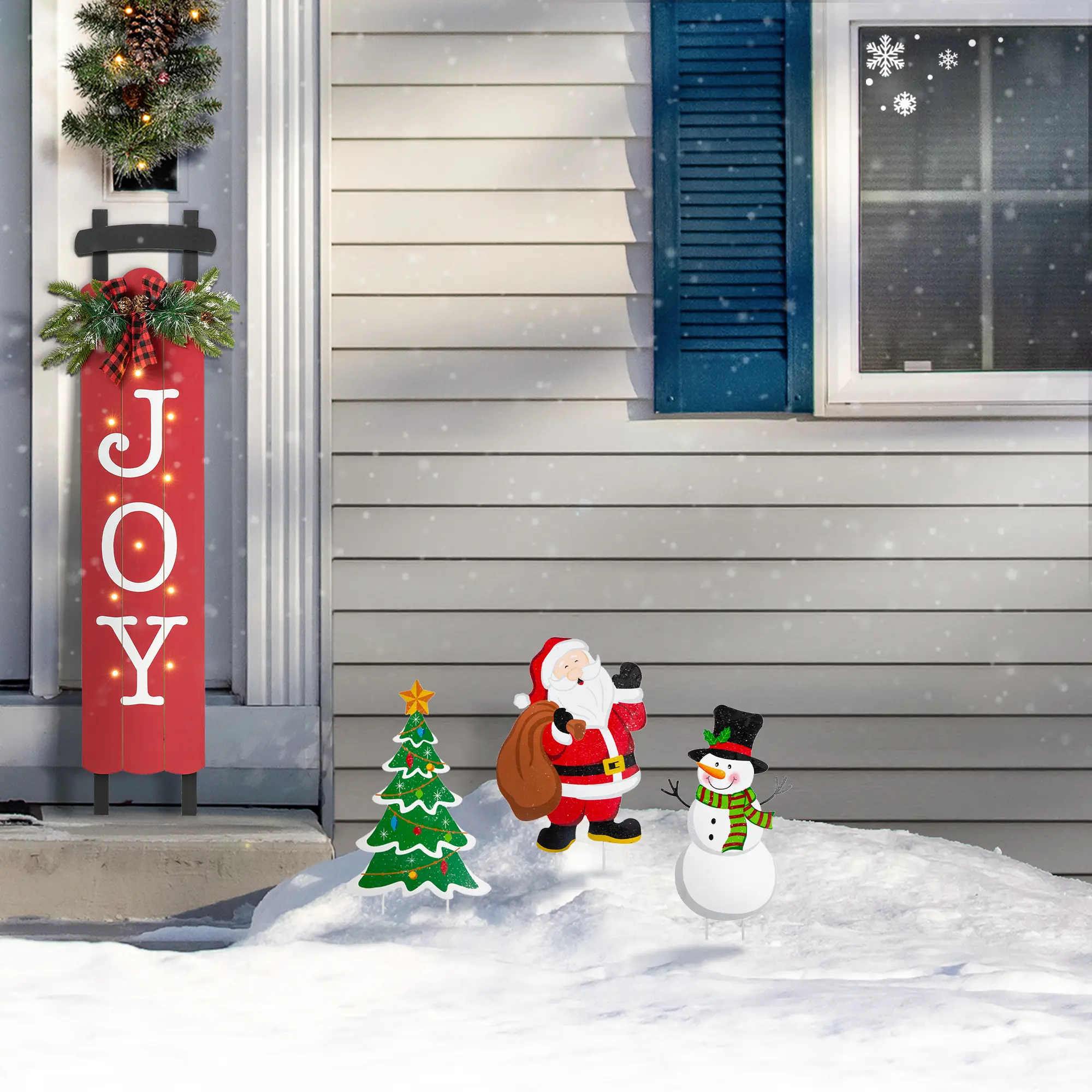 Glitzhome 24"H Set of 3 Metal Santa/Snowman/Tree Yard Stake or Wall Decor (KD, Two Function)