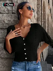 Women's Summer Thin Beach Vacation Casual Loose Fit Half Sleeve Pearl Button V Neck Hollow Out Knitwear Cardigan Knitting (pattern Random)