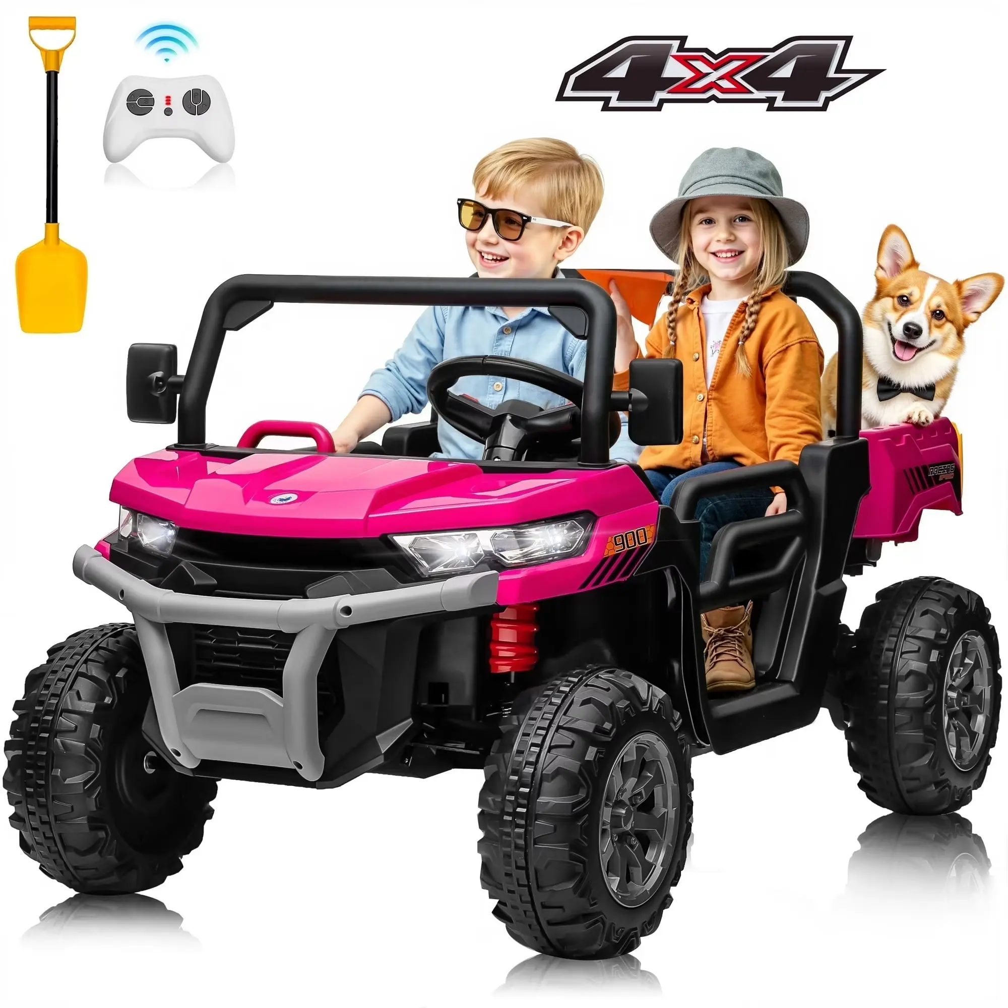 JOYRACER 4WD 24V Ride on Car Dump Truck for Kids Aged 3-8, 46.8"L × 26.7"W × 25.6"H, 800W Power Car w/ Dump Bed & Shovel, 2 Seaters, Ride on UTV w/Remote Control, Bluetooth, LED Lights, Outdoor Toys Gift for Boys and Girls