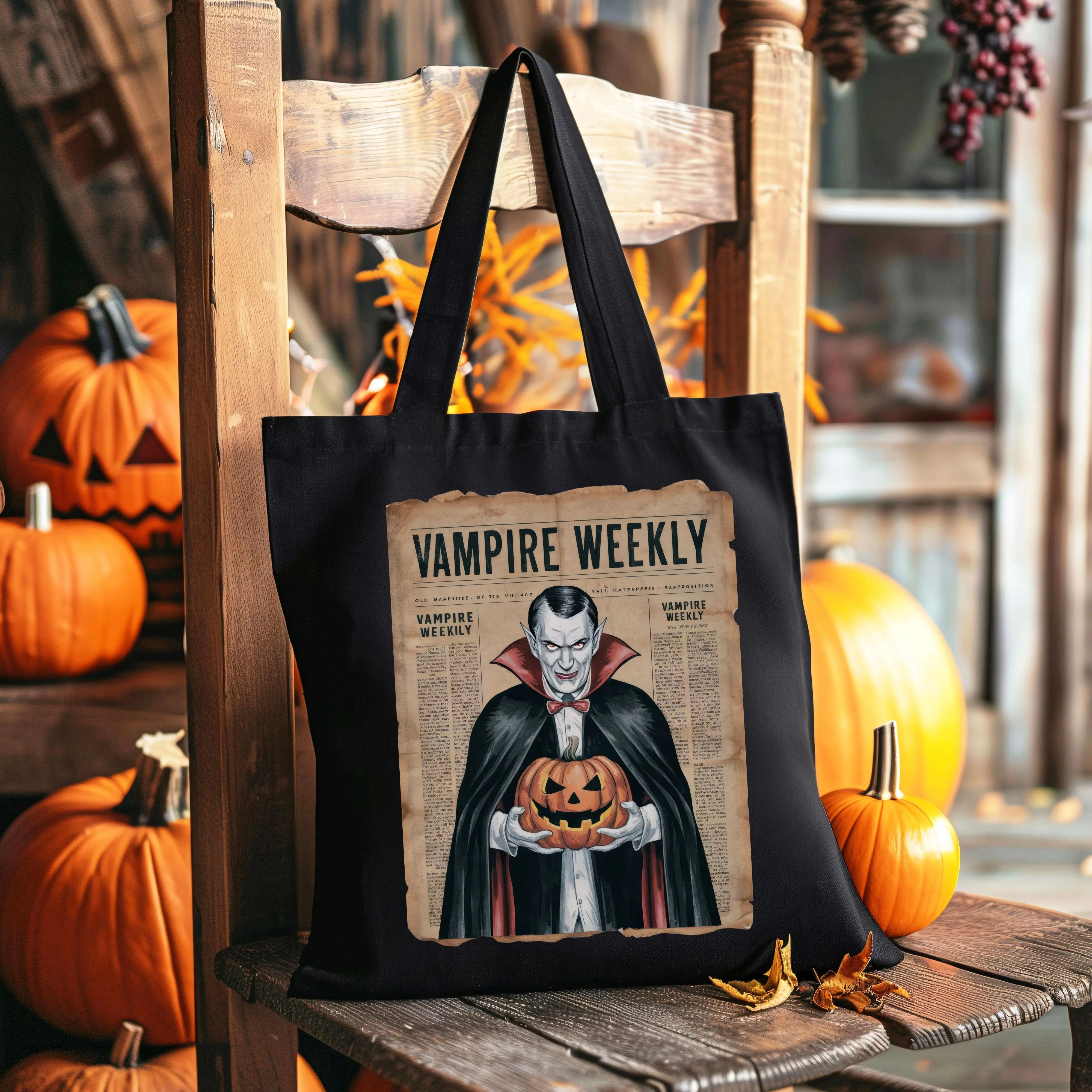 Vampire Weekly Halloween Cotton Canvas Tote Bag. Perfect for carrying groceries, books, or treats, this tote is both practical and festive, ideal for celebrating the spooky season in style.