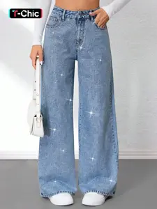 Fashionable Chic Rhinestone Button Denim Long Pants for Women, Spring 2026 New Arrival, High-Waisted Loose Fit, Versatile Wide Leg Jeans