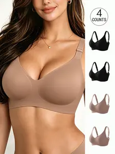 4 Pack / 6 colors, women's seamless smooth jelly Casual Everyday underwear bra, Breathable fit bra, four rows of three hooks, push-up, adjustable, breathable, skin-friendly, comfortable, suitable for daily wear, yoga, women's non-wire bra